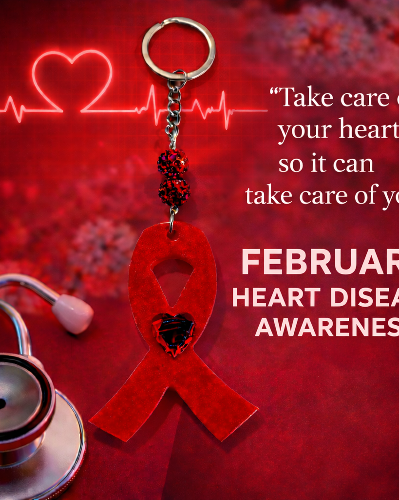 Red heart-shaped keychain with stethoscope on a red background with text about heart disease awareness.