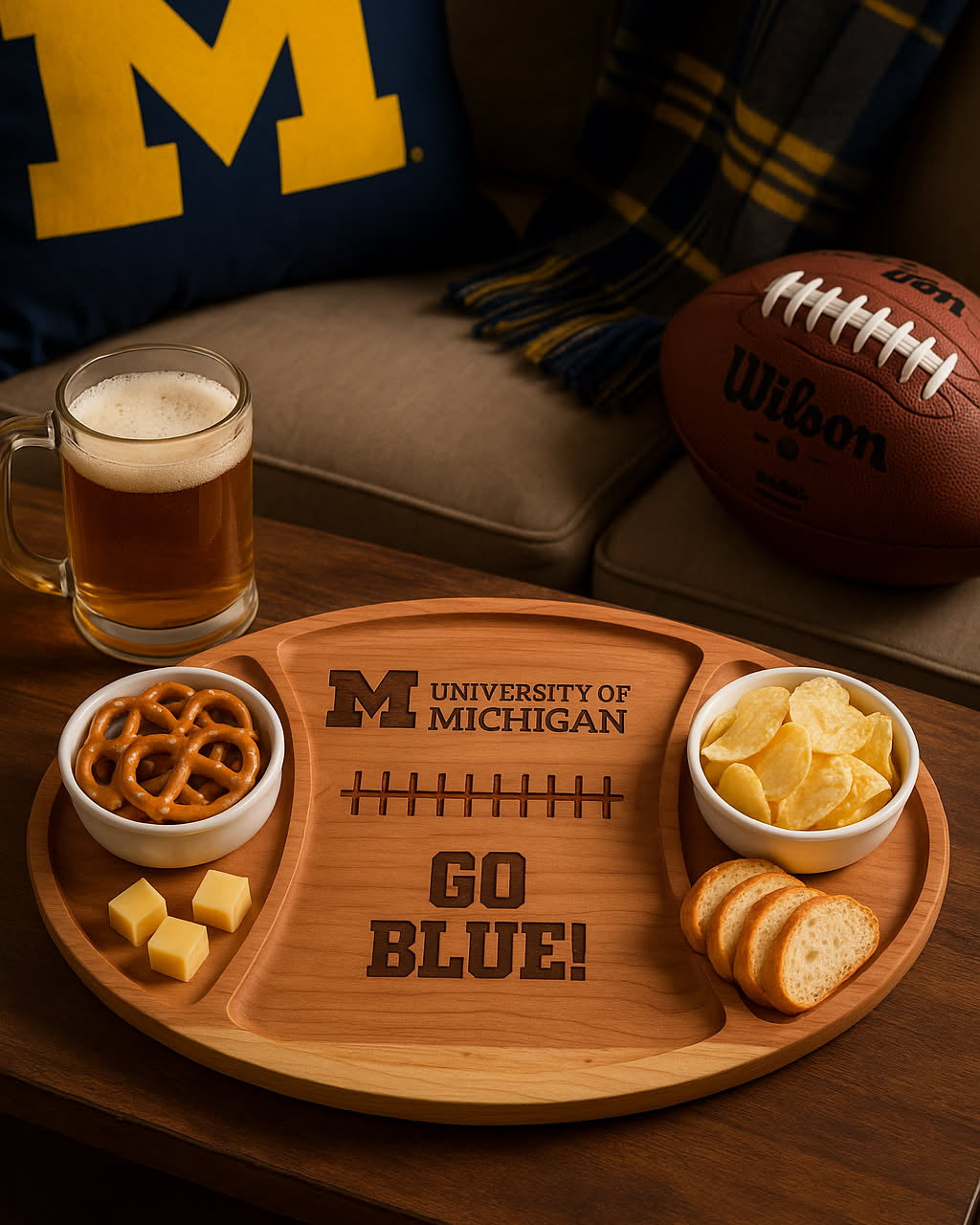 Wooden tray with snacks and a glass of beer, featuring 'University of Michigan' and 'Go Blue!' text, with a football and plaid blanket in the background.