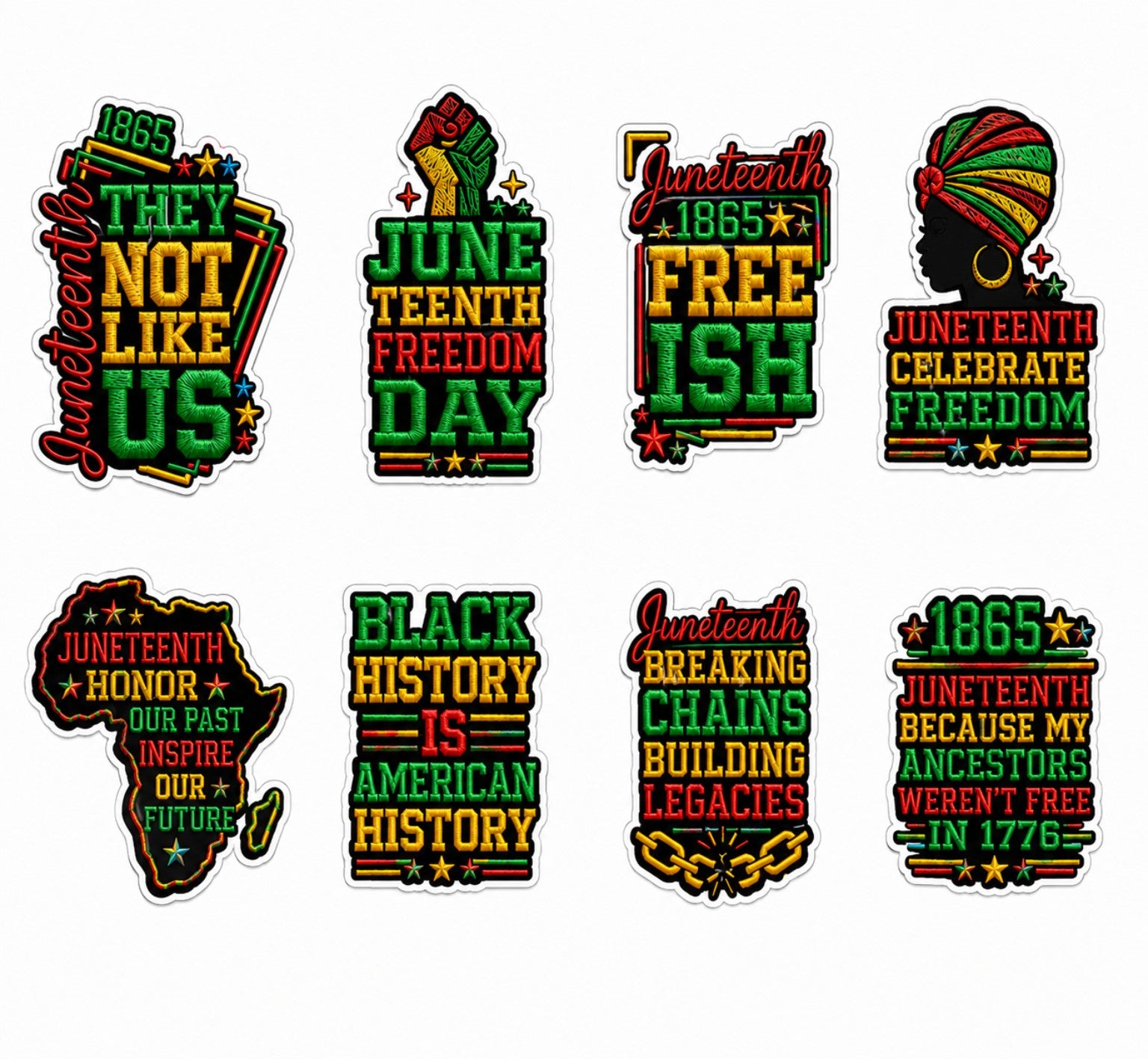 Set of Juneteenth-themed stickers with colorful text and graphics on a white background.
