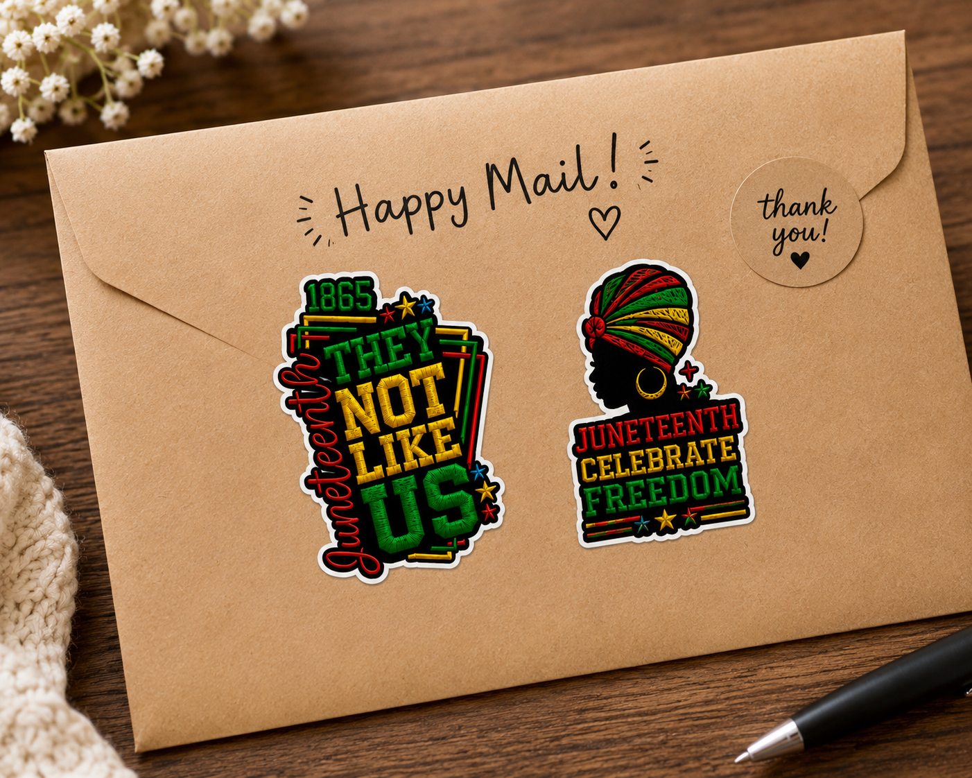 Two Juneteenth-themed stickers on a brown envelope with 'Happy Mail!' text.