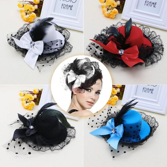 Bow Hair Clip Lace Feather Mini Top Hat Fascinator Burlesque Party Fancy Dress