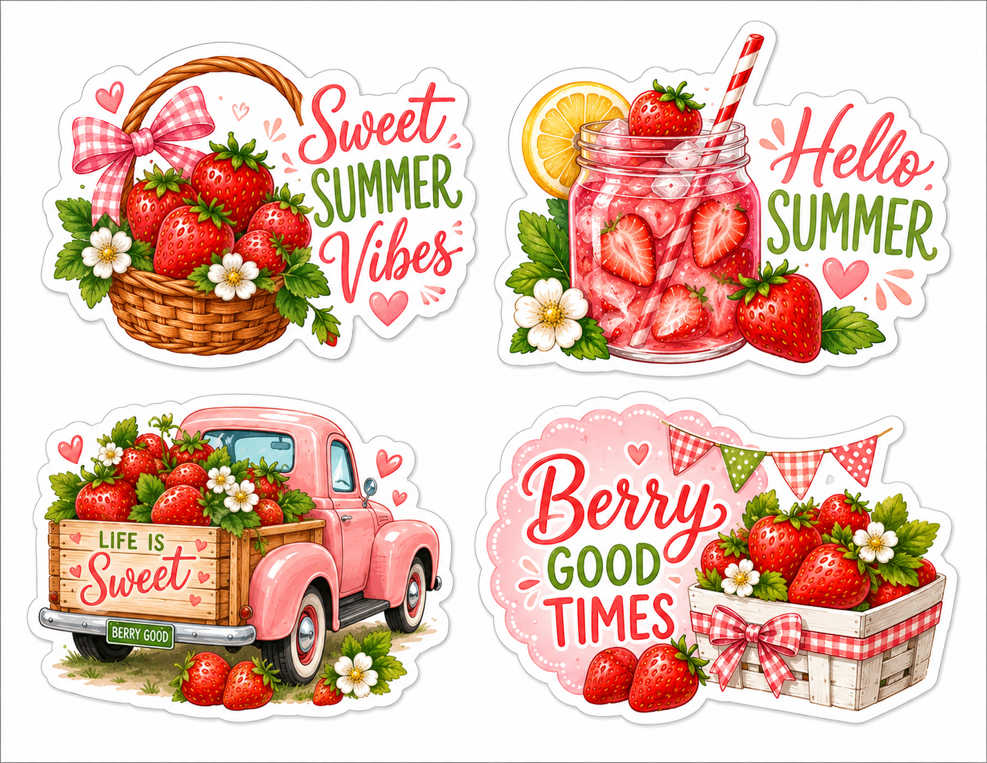 Set of summer-themed stickers with strawberries, a pink truck, and decorative elements on a white background.