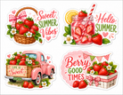 Set of summer-themed stickers with strawberries, a pink truck, and decorative elements on a white background.