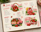 Open notebook with summer-themed pages featuring strawberries and decorative text on a wooden surface.