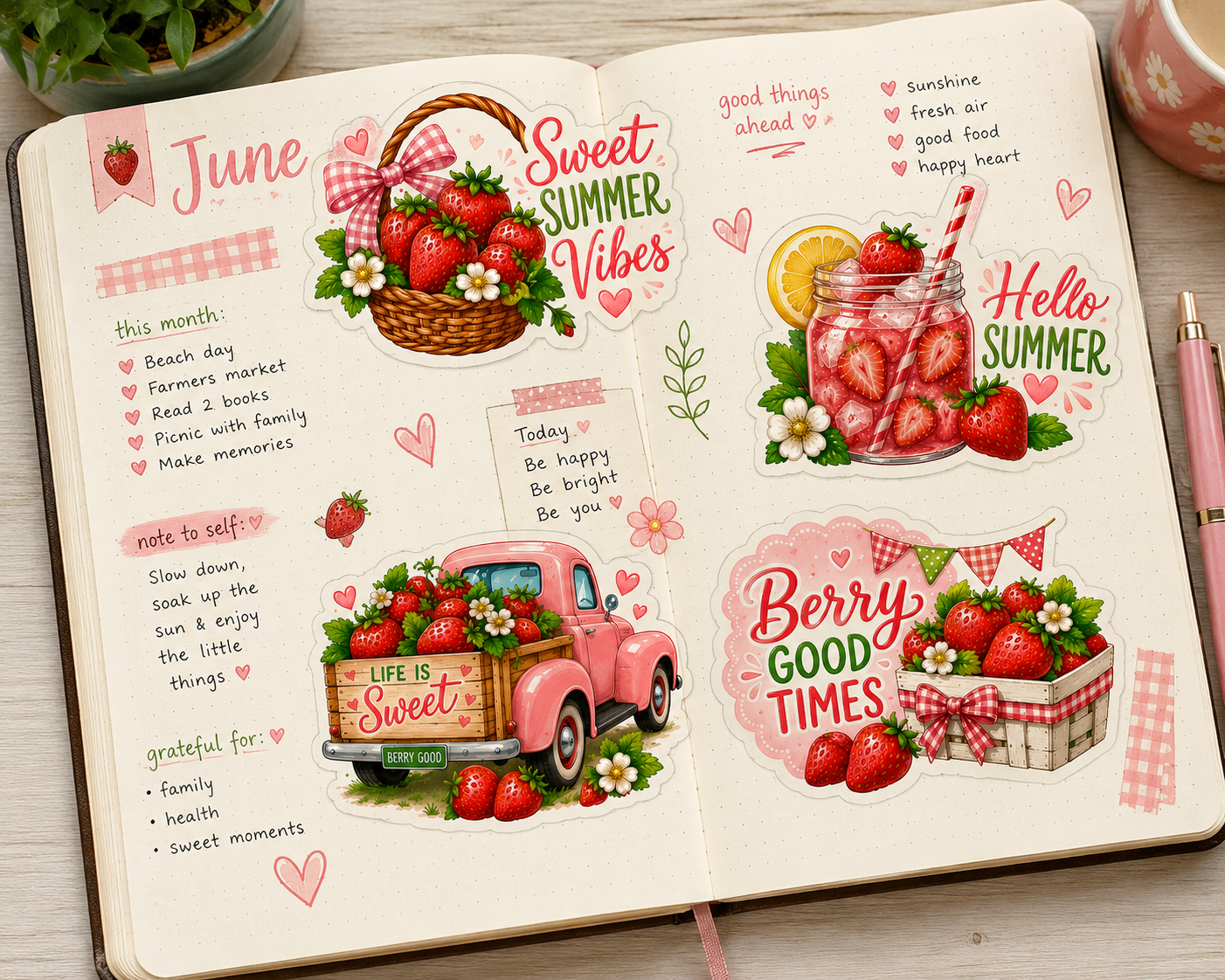 Open notebook with summer-themed pages featuring strawberries and decorative text on a wooden surface.