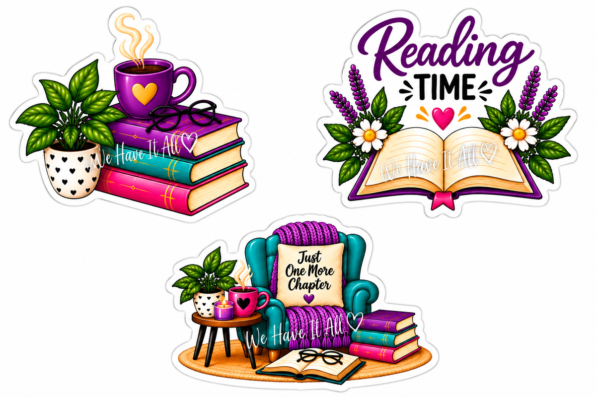Reading Time three free sticker preview with extra spacing, white background and We Have It All watermark