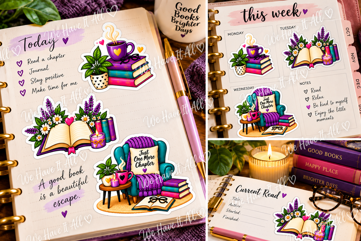 Reading Time stickers shown in journals with We Have It All watermark