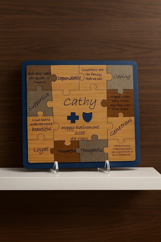 Personalized Retirement Puzzle Plaque – Custom Laser-Engraved Gift of Cherry and Maple Wood