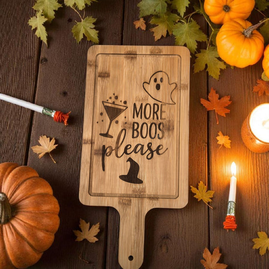 🎃 “More Boos Please” Halloween Bamboo Cutting Board – Ghost & Witch Hat Laser-Etched Serving Board