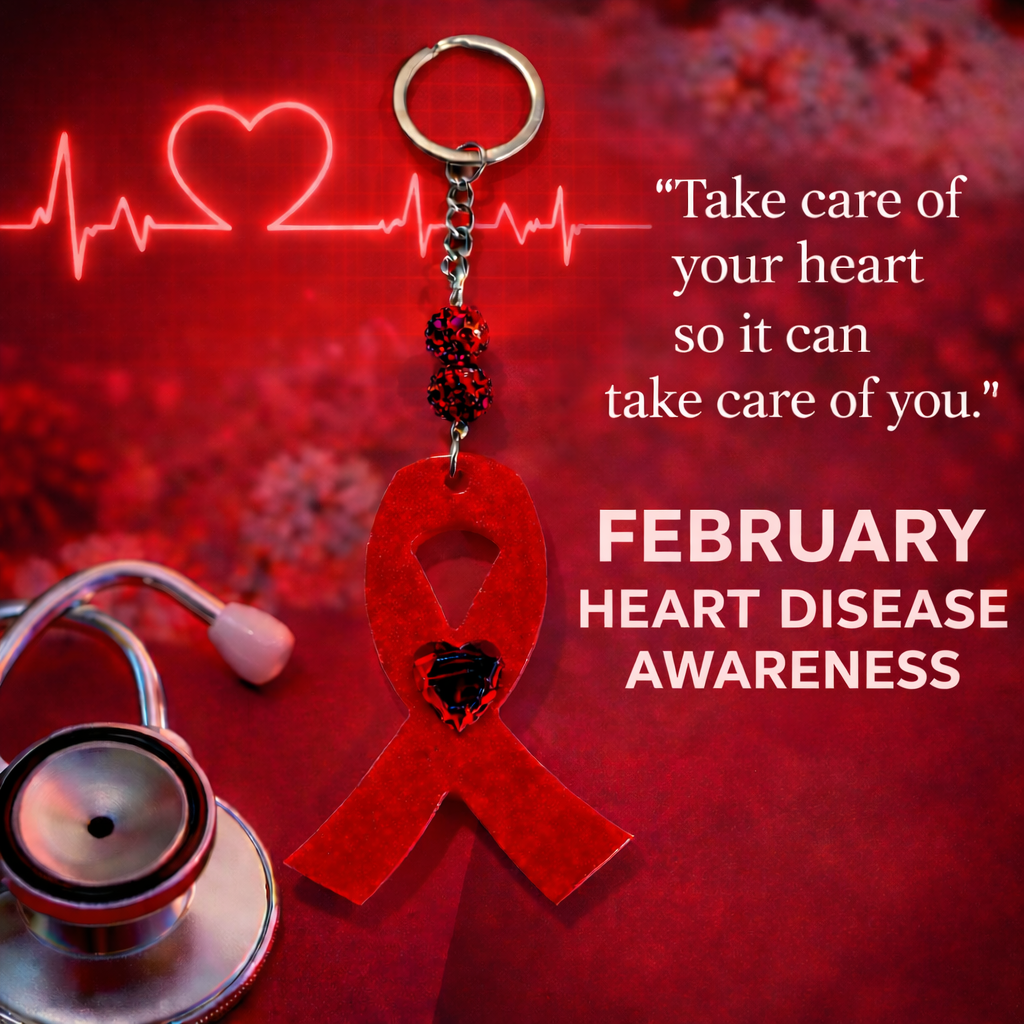Red heart-shaped keychain with stethoscope on a red background with text about heart disease awareness.