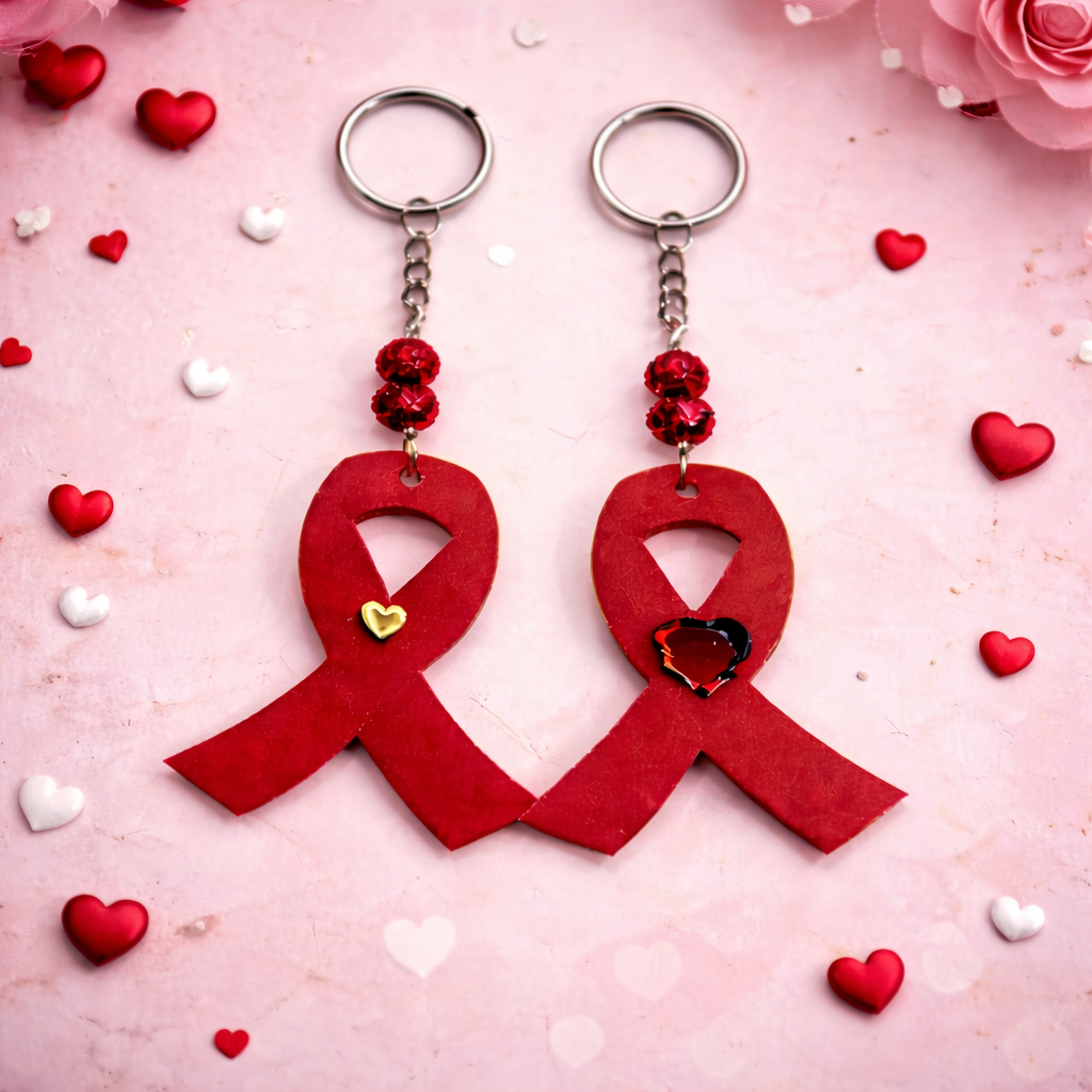 Two red ribbon keychains with heart details on a pink background with hearts.