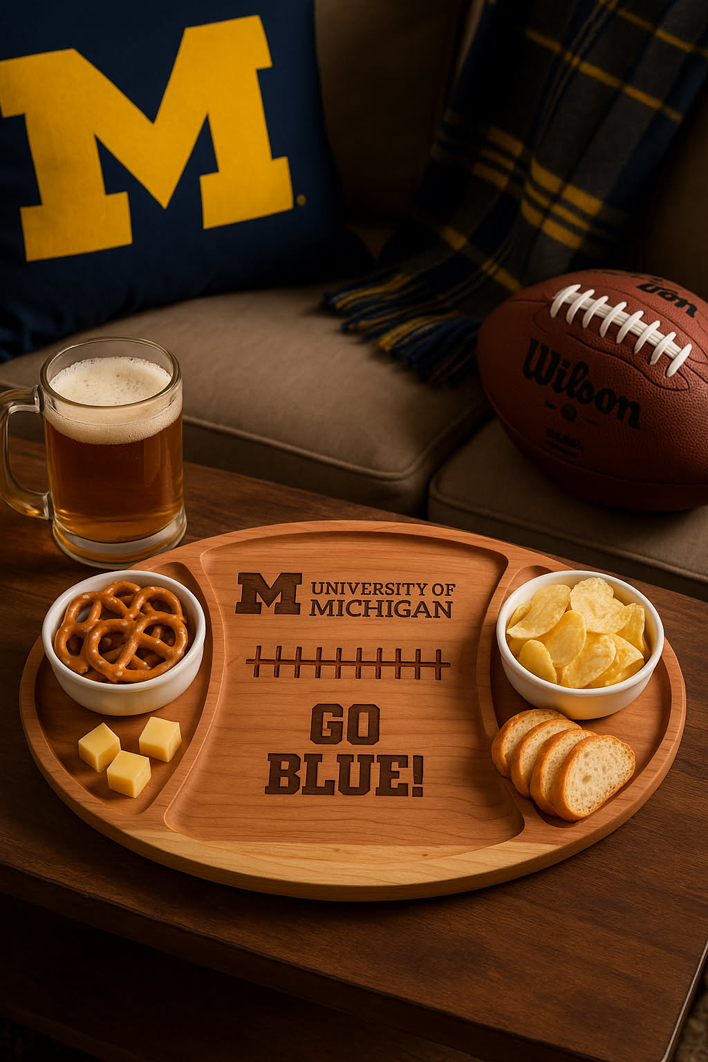 Wooden tray with snacks and a glass of beer, featuring 'University of Michigan' and 'Go Blue!' text, with a football and plaid blanket in the background.