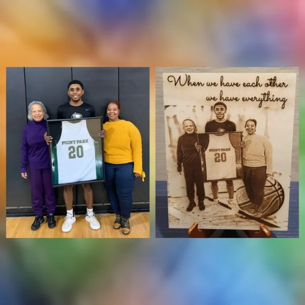 Two photos of people in costumes and one is a picture of them holding up an 8 0.