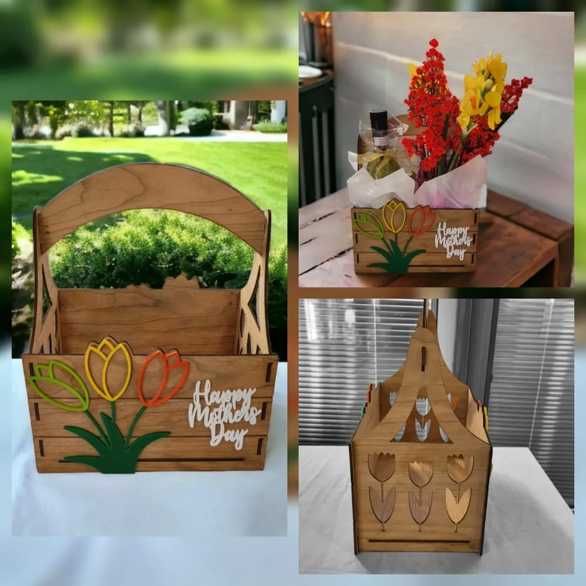 A collection of three different cardboard boxes with flowers in them.