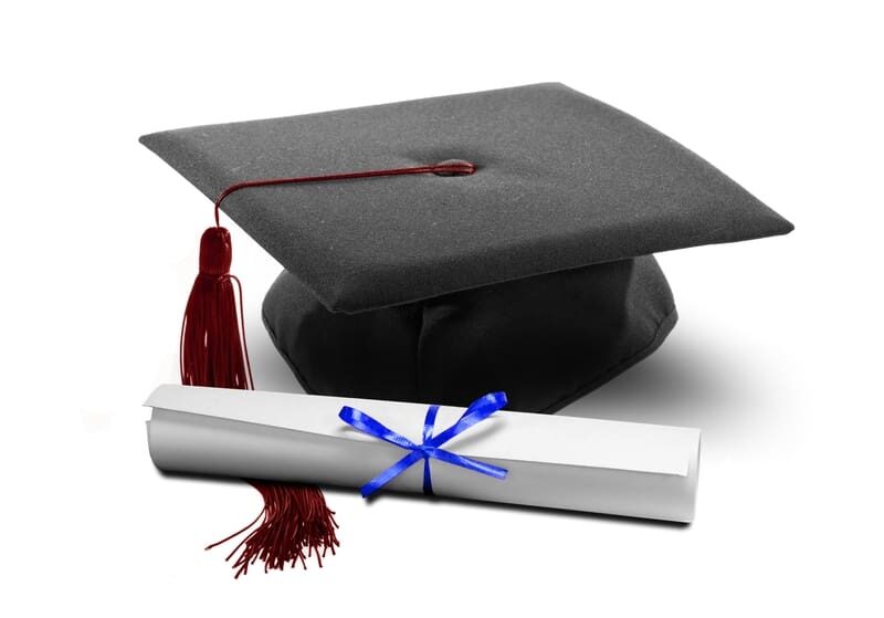 A graduation cap and diploma with a blue ribbon.